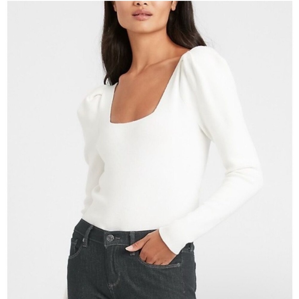 Banana Republic White Square Neck Puff-Sleeve Sweater